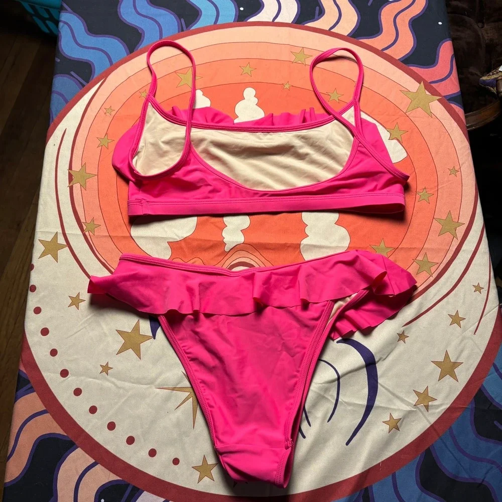 Gnash Swim Free People Pink Ruffle Bikini Set Size 8 US Made in Australia Lycra